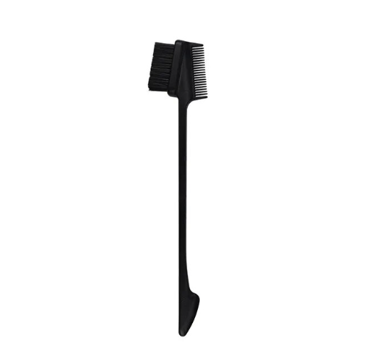 A black edge taming brush with a fine-toothed comb, flat side, and soft bristles for hair styling.