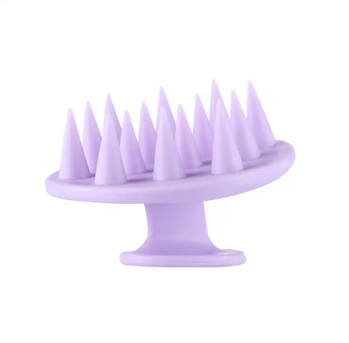 A purple scalp massage brush with a cone-shaped design and pointed tips for reaching the scalp.
